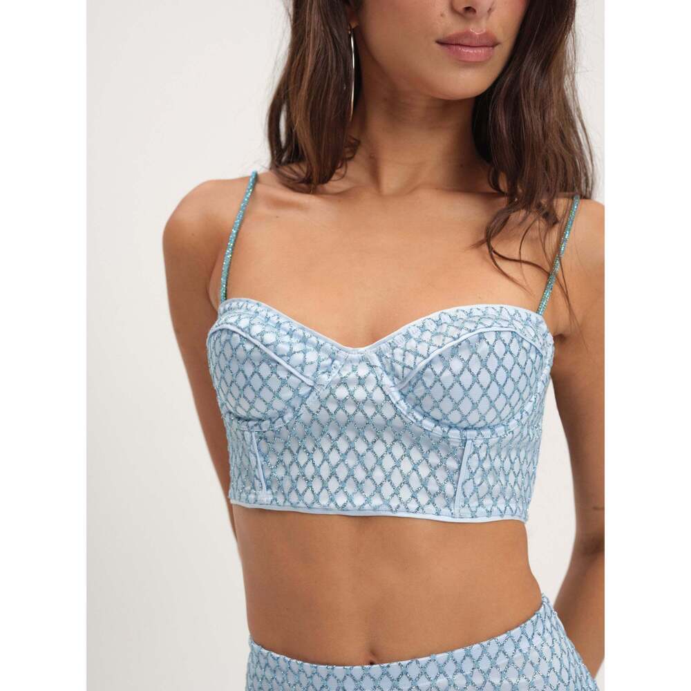 For Love & Lemons Glitter Grid Bustier Top M / Blue